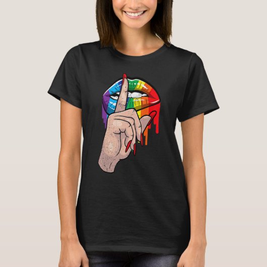 Zwijg omhoog Druppelen Regenboog Lippen Hand Gay P T-shirt (Voorkant)