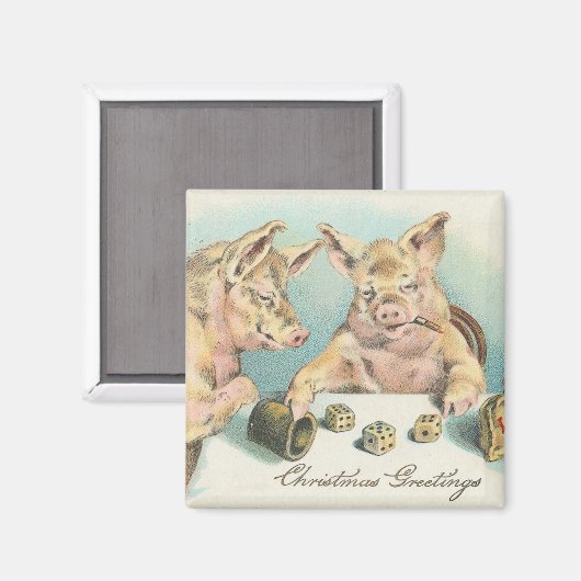  zwijnen spelen dobbelstenen kerst groet magneet (Voorkant / Achterkant)