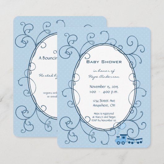 Zwirl Baby Blue Dot Train Shower Announge Kaart (Voorkant / Achterkant)