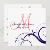 Zwirl Wedding Invitations Navy Blue Coral Pink Kaart (Voorkant / Achterkant)