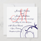Zwirl Wedding Invitations Navy Blue Coral Pink Kaart (Achterkant)