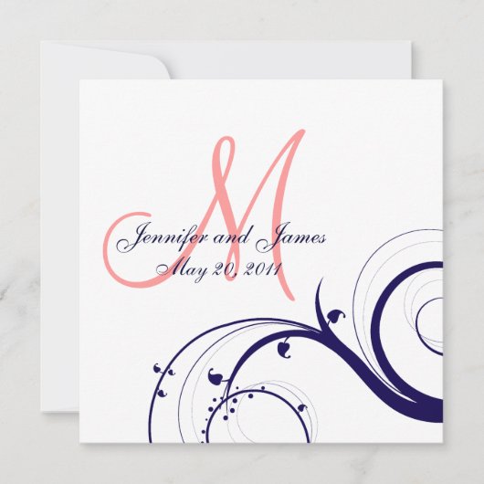 Zwirl Wedding Invitations Navy Blue Coral Pink Kaart (Voorkant)