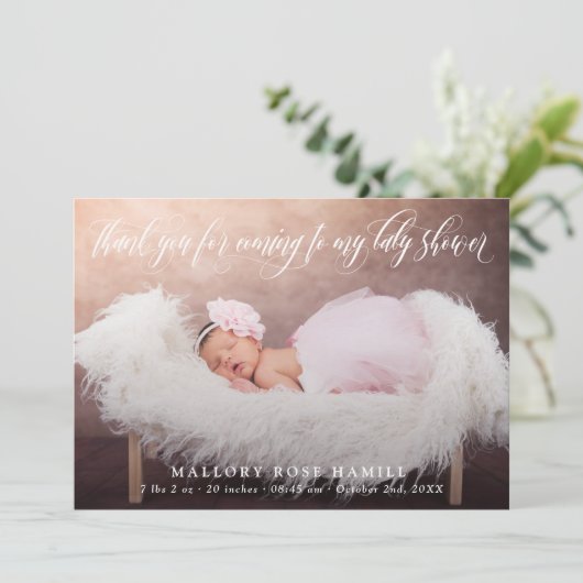 Zwirly Manuscript Bekleding Foto Dank u Baby showe Aankondiging (Staand voorkant)