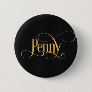 Zwirly Script Calligraphy Penny Gold op Black Ronde Button 5,7 Cm