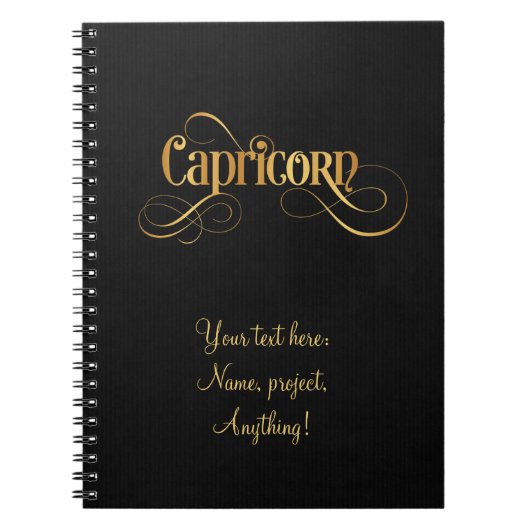 Zwirly Script Zodiac Sign Capricorn Gold op zwart Notitieboek (Voorkant)