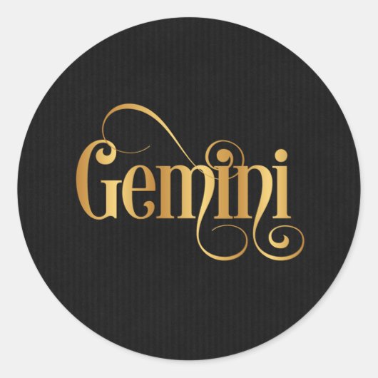 Zwirly Script Zodiac Sign Gemini Gold op Black Ronde Sticker (Voorkant)
