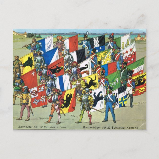 Zwitserland, Banners van de 22 Zwitserse kantons Briefkaart (Voorkant)
