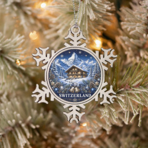 Zwitserland Blauw Vakantie Chalet Scene Tin Sneeuwvlok Ornament