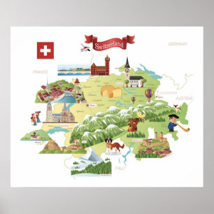 Zwitserland Cartoon Map Poster