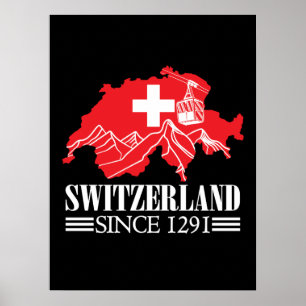 ZWITSERLAND Kaart sinds 1291 bergen Zwitserse vlag Poster