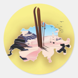 Zwitserland kaart Ski reisposter. Ronde Sticker