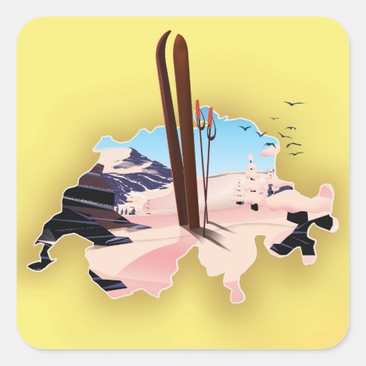 Zwitserland kaart Ski reisposter. Vierkante Sticker (Voorkant)