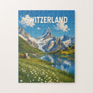 Zwitserland Koeien Koe Illustratie Reis Kunst Retr Legpuzzel