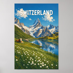 Zwitserland Koeien Koe Illustratie Reis Kunst Retr Poster