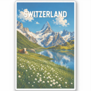 Zwitserland Koeien Koe Illustratie Reis Kunst Retr Sticker
