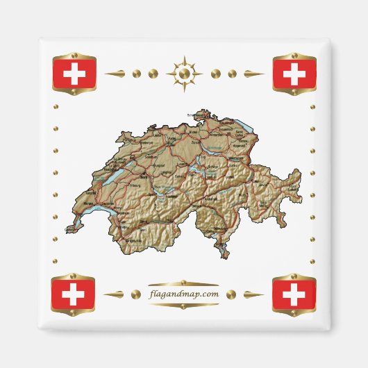 Zwitserland Map + Vlaggen Magnet (Voorkant)