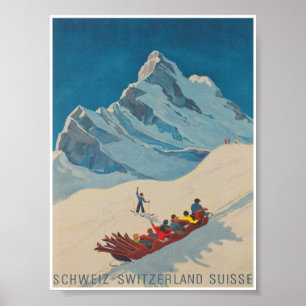 Zwitserland Ski Sled Retro Vintage Poster