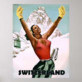 Zwitserland, vrolijk skiër, oud reisje poster