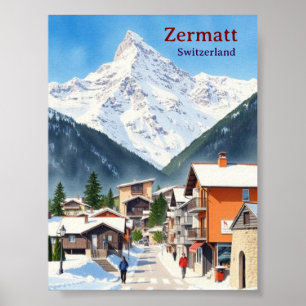 Zwitserland Zermatt vintage vakantie aquarel Poster