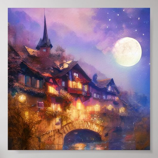 Zwitsers chalet en maan poster (Voorkant)