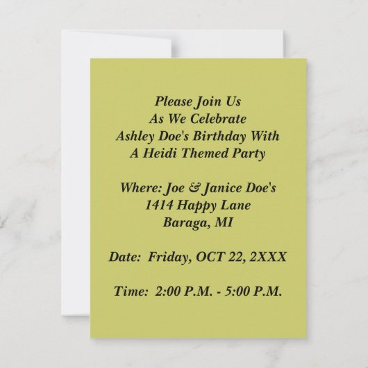 Zwitserse Alpen Heidi - verjaardagsinVITATIES Kaart (Achterkant)