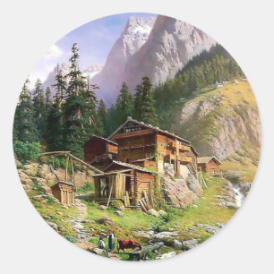 Zwitserse Alpen Log Cabin schilderen Ronde Sticker