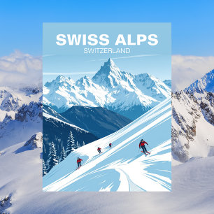 Zwitserse Alpen Skisport, Zwitserland Reis Vintage Briefkaart