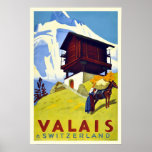 Zwitserse Alpen Valais Art Deco Travel Poster<br><div class="desc">Reproductiefdruk van een oud poster dat het toerisme naar Valais Alps Zwitserland promoot en dat een bergplaats met een vrouw en een paard beslaat. Deze art-deco druk is digitaal gerenoveerd om de originele kleuren uit te brengen,  nog beter en zo vele onvolkomenheden te bevestigen mogelijk.</div>