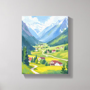Zwitserse Alpen Watercolor Bergen Reis Schilderij Canvas Afdruk