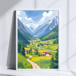 Zwitserse Alpen Watercolor Bergen Reis Schilderij Poster