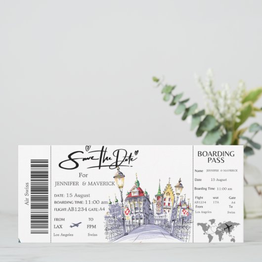 Zwitserse instapkaart Save the Date ticket Kaart (Staand voorkant)