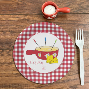 Zwitserse Kaas Fondue Rode en Witte Papieren Borde Bordje