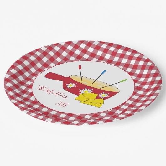Zwitserse kaasfondue rood en wit papier Borden Papieren Bordje (Gekanteld)