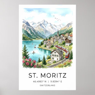 Zwitserse landschapskunst St Moritz aquarel - Alpe Poster