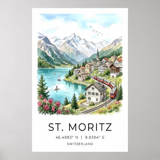 Zwitserse landschapskunst St Moritz aquarel - Alpe Poster (Voorkant)