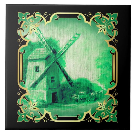 Zwitserse/Noorse/Hollandse windmolen delft groen Tegeltje (Voorkant)