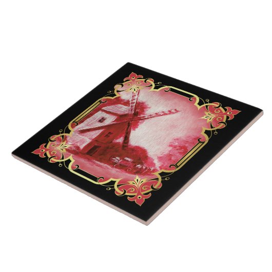 Zwitserse/Noorse/Hollandse windmolen delft rood Tegeltje (Zijkant)