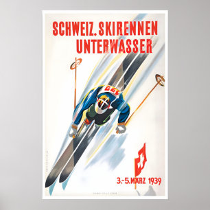 Zwitserse Ski Poster Zwitserland Reis Kunst Vintag