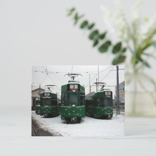 Zwitserse trams bij BVB M-Parc depot, Bazel Briefkaart (Staand voorkant)