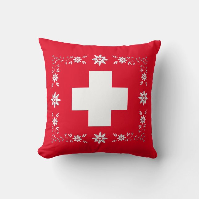 Zwitserse vlag en edelweiss kussen (Front)