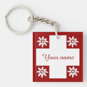 Zwitserse vlag en edelweiss sleutelhanger