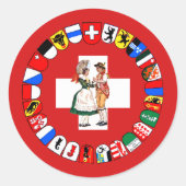 Zwitserse vlag, kantons en dansers ronde sticker (Voorkant)