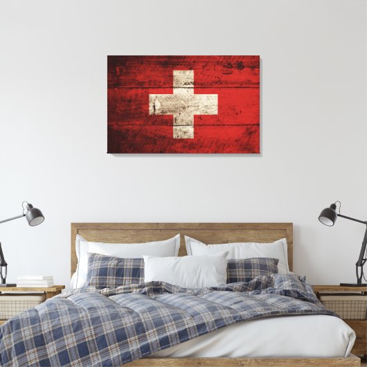 ZWITSERSE Vlag op oude houten korrels Canvas Afdruk (Insitu (Slaapkamer))