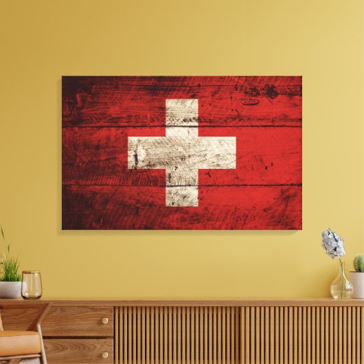 ZWITSERSE Vlag op oude houten korrels Canvas Afdruk (Insitu (Woonkamer))