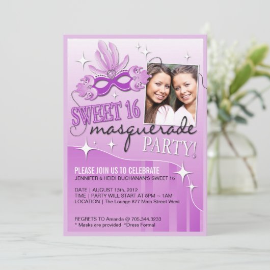 ZWITTE SIXTEEN MASQUERADE INVITATIE KAART (Staand voorkant)