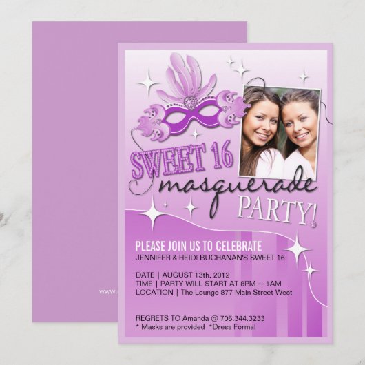 ZWITTE SIXTEEN MASQUERADE INVITATIE KAART (Voorkant / Achterkant)