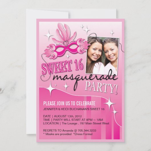 ZWITTE SIXTEEN MASQUERADE INVITATIE KAART (Voorkant)