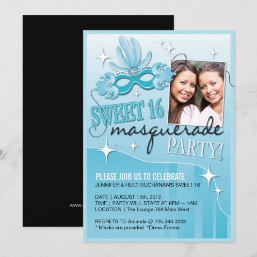 ZWITTE SIXTEEN MASQUERADE INVITATIE KAART (Voorkant / Achterkant)