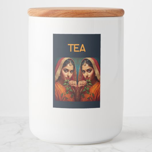 Zwoele Indiase dame theeppluckster Voedselcontainer Etiket (Voorkant)