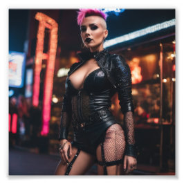 Zwoele Sexy Punk Mohawk Leather Babe in Street Foto Afdruk